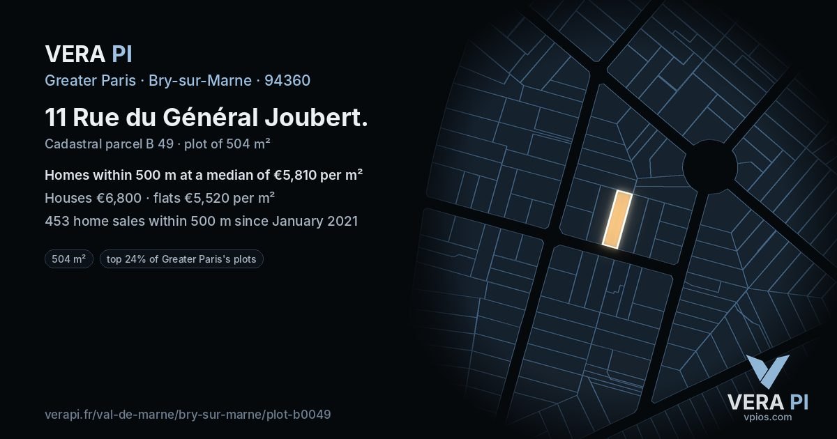 11 Rue du Général Joubert, Bry-sur-Marne at night – the plot lit, the parcels around coloured by the prices near them