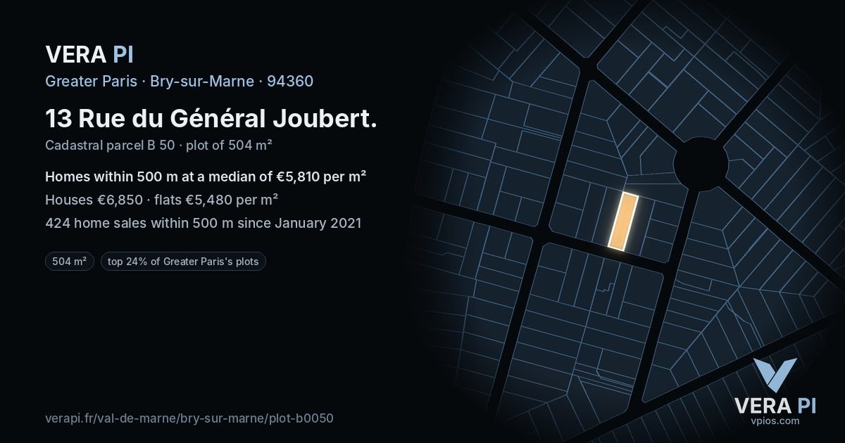 13 Rue du Général Joubert, Bry-sur-Marne at night – the plot lit, the parcels around coloured by the prices near them