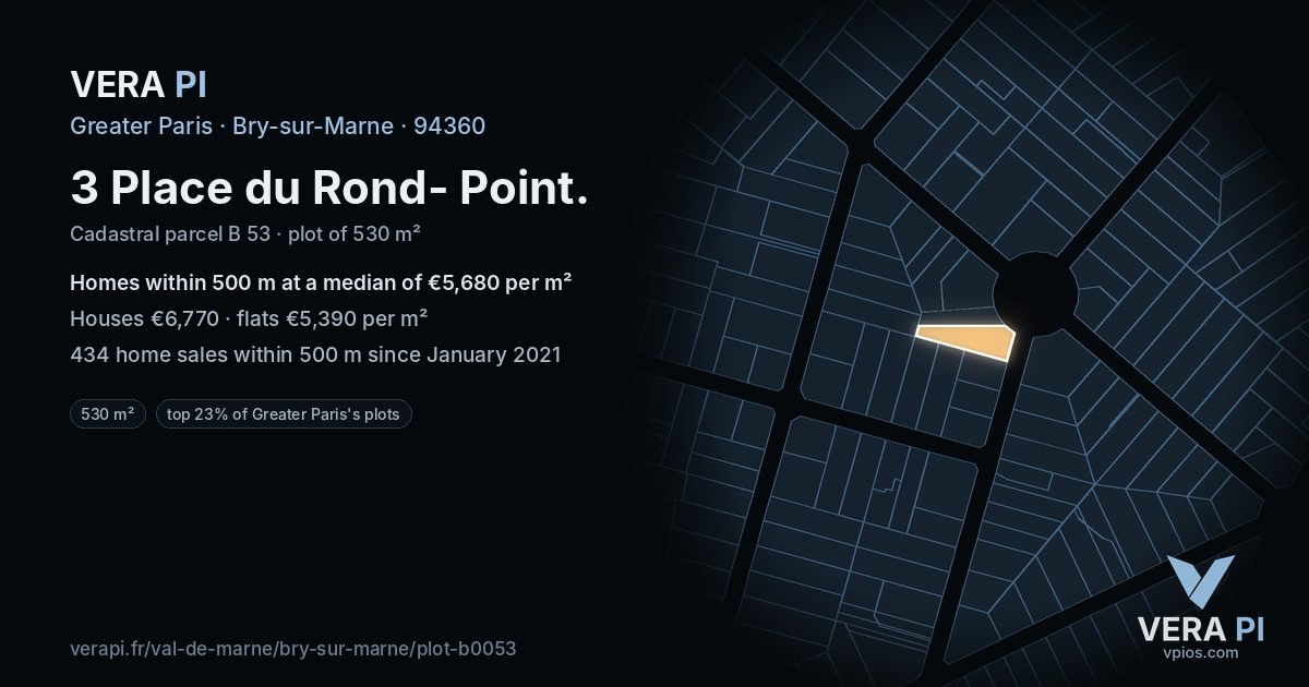 3 Place du Rond- Point, Bry-sur-Marne at night – the plot lit, the parcels around coloured by the prices near them