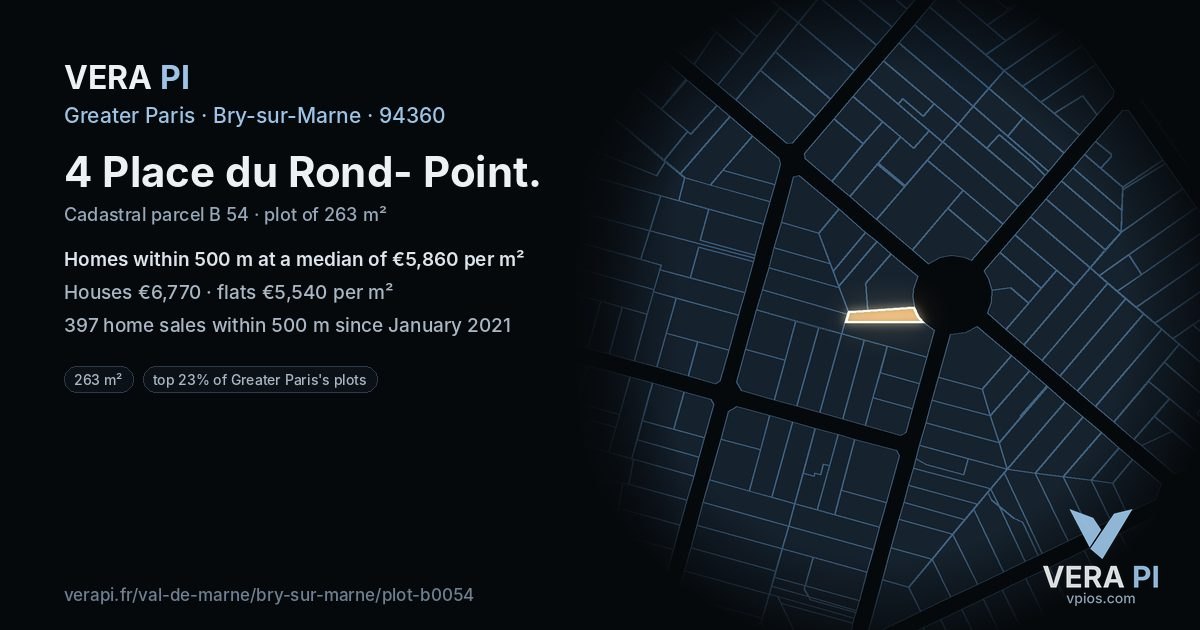 4 Place du Rond- Point, Bry-sur-Marne at night – the plot lit, the parcels around coloured by the prices near them