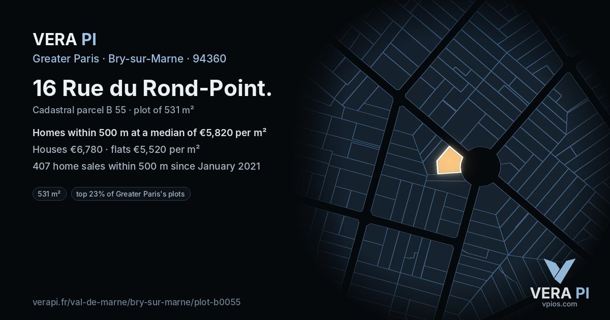 16 Rue du Rond-Point, Bry-sur-Marne at night – the plot lit, the parcels around coloured by the prices near them