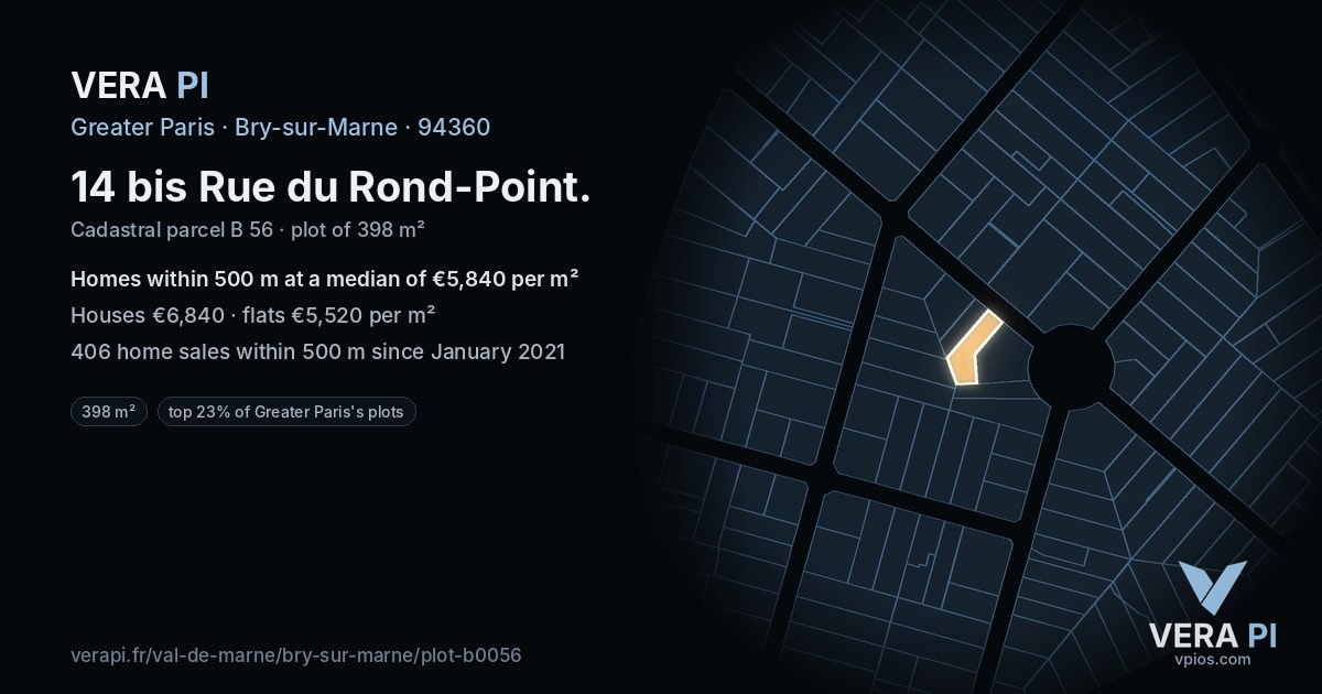 14 bis Rue du Rond-Point, Bry-sur-Marne at night – the plot lit, the parcels around coloured by the prices near them