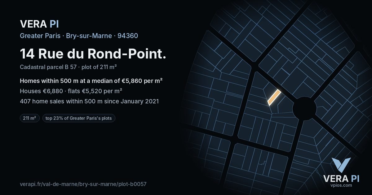 14 Rue du Rond-Point, Bry-sur-Marne at night – the plot lit, the parcels around coloured by the prices near them