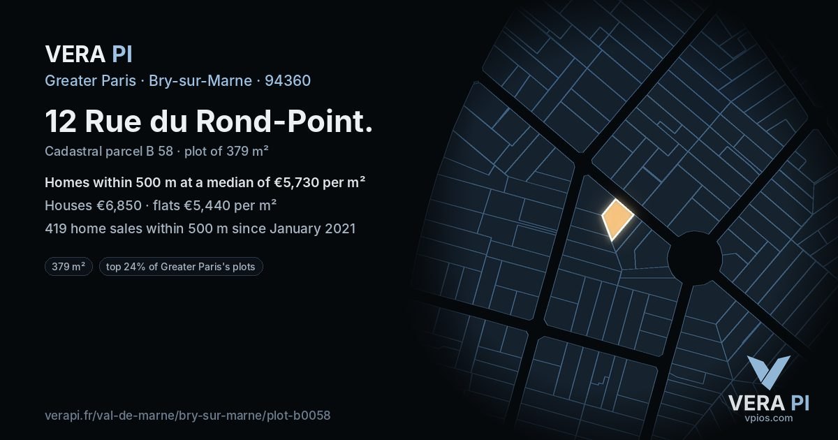 12 Rue du Rond-Point, Bry-sur-Marne at night – the plot lit, the parcels around coloured by the prices near them