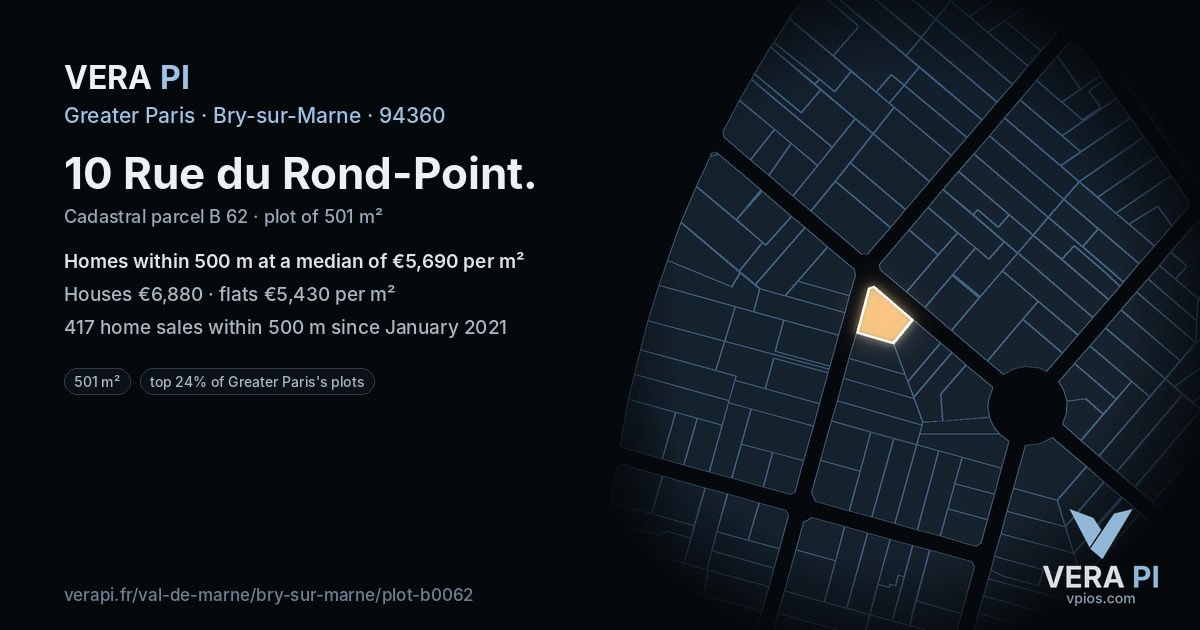 10 Rue du Rond-Point, Bry-sur-Marne at night – the plot lit, the parcels around coloured by the prices near them