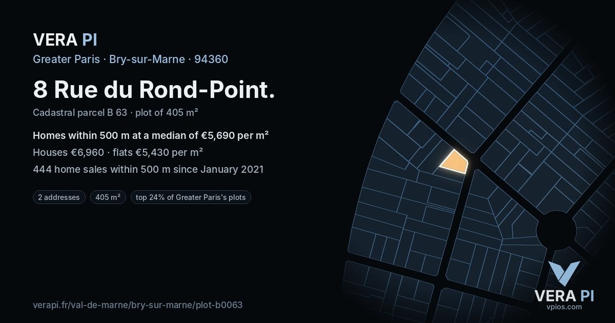 8 Rue du Rond-Point, Bry-sur-Marne at night – the plot lit, the parcels around coloured by the prices near them