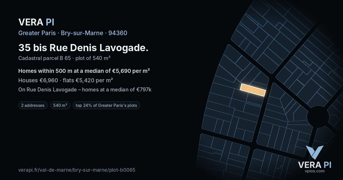 35 bis Rue Denis Lavogade, Bry-sur-Marne at night – the plot lit, the parcels around coloured by the prices near them
