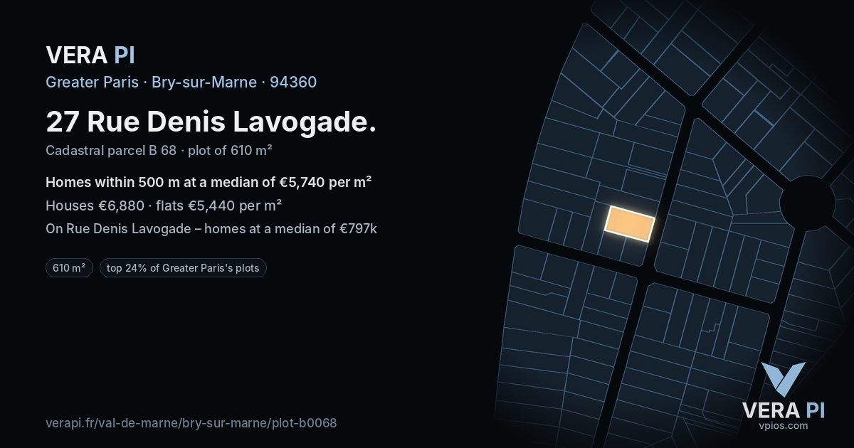 27 Rue Denis Lavogade, Bry-sur-Marne at night – the plot lit, the parcels around coloured by the prices near them