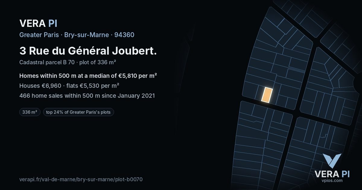 3 Rue du Général Joubert, Bry-sur-Marne at night – the plot lit, the parcels around coloured by the prices near them