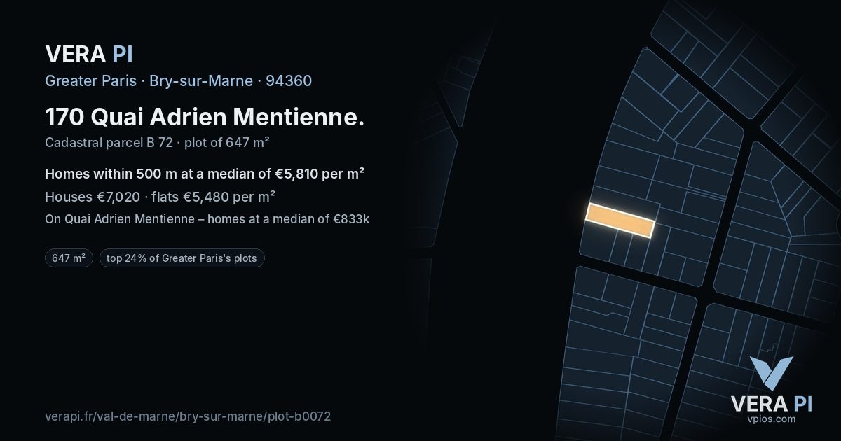 170 Quai Adrien Mentienne, Bry-sur-Marne at night – the plot lit, the parcels around coloured by the prices near them