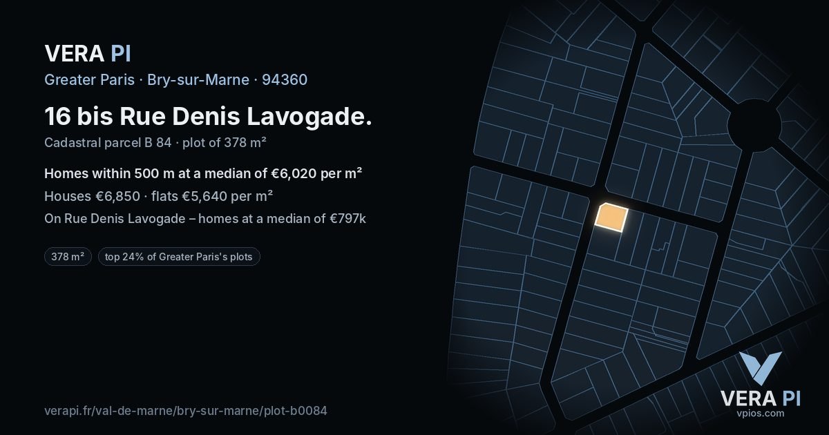 16 bis Rue Denis Lavogade, Bry-sur-Marne at night – the plot lit, the parcels around coloured by the prices near them