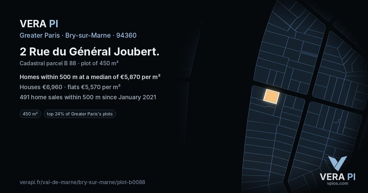2 Rue du Général Joubert, Bry-sur-Marne at night – the plot lit, the parcels around coloured by the prices near them