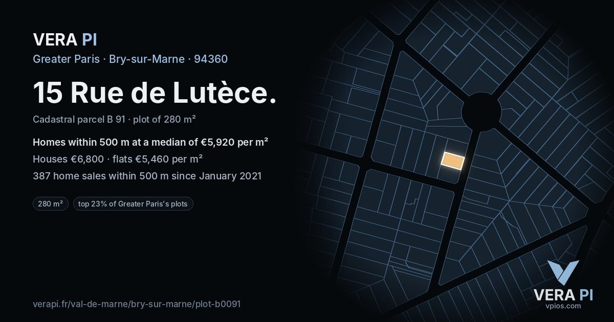15 Rue de Lutèce, Bry-sur-Marne at night – the plot lit, the parcels around coloured by the prices near them