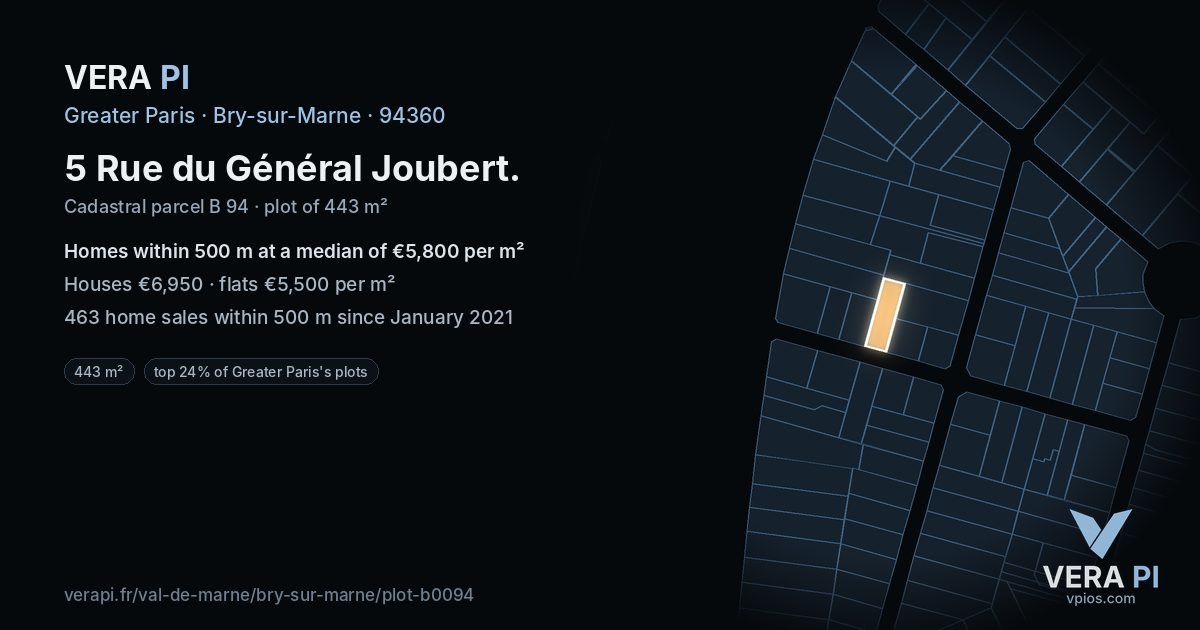 5 Rue du Général Joubert, Bry-sur-Marne at night – the plot lit, the parcels around coloured by the prices near them