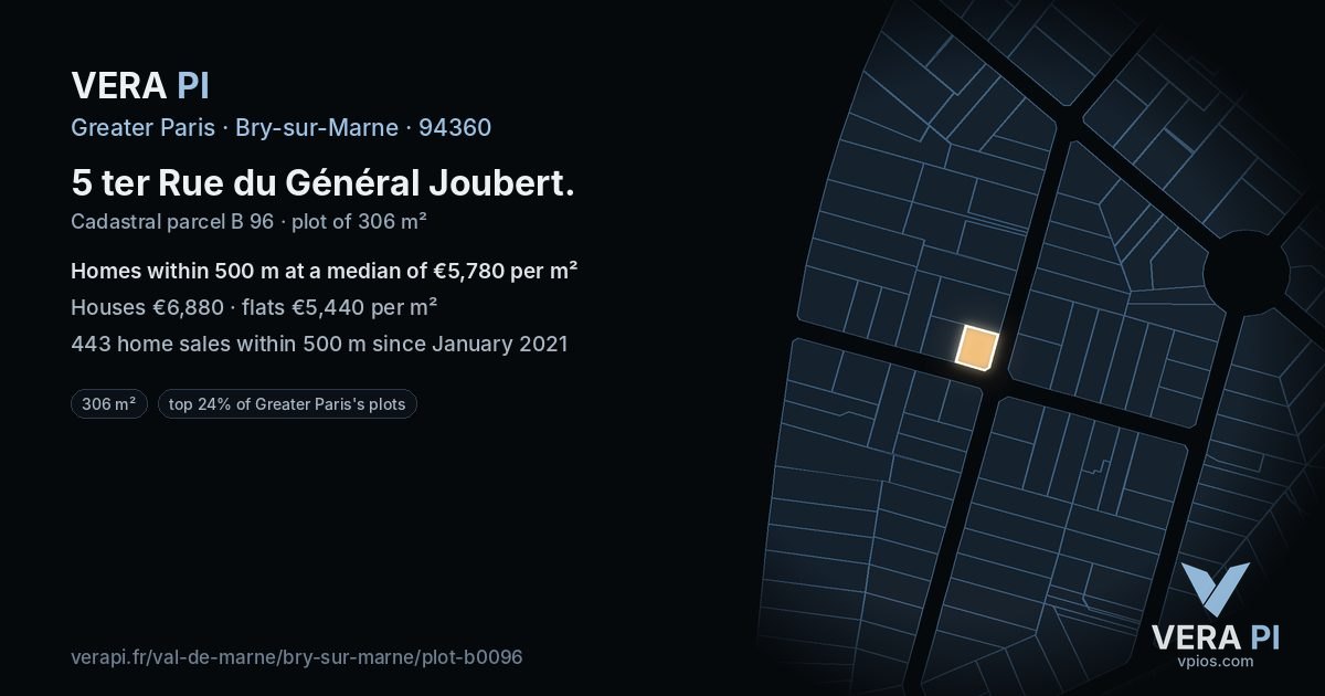 5 ter Rue du Général Joubert, Bry-sur-Marne at night – the plot lit, the parcels around coloured by the prices near them