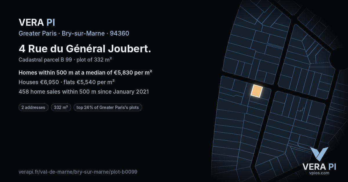 4 Rue du Général Joubert, Bry-sur-Marne at night – the plot lit, the parcels around coloured by the prices near them