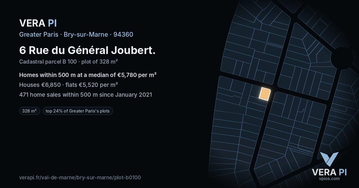 6 Rue du Général Joubert, Bry-sur-Marne at night – the plot lit, the parcels around coloured by the prices near them