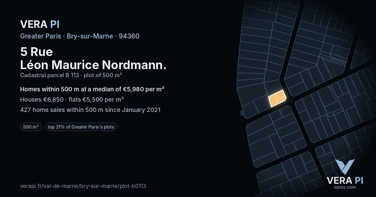 5 Rue Léon Maurice Nordmann, Bry-sur-Marne at night – the plot lit, the parcels around coloured by the prices near them