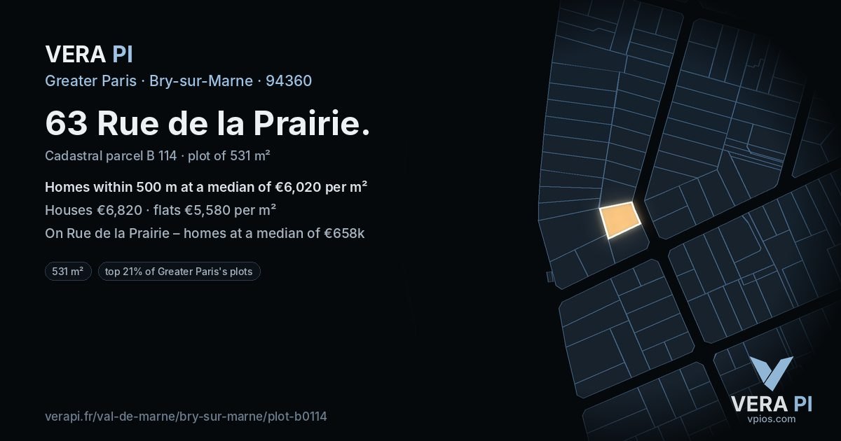 63 Rue de la Prairie, Bry-sur-Marne at night – the plot lit, the parcels around coloured by the prices near them