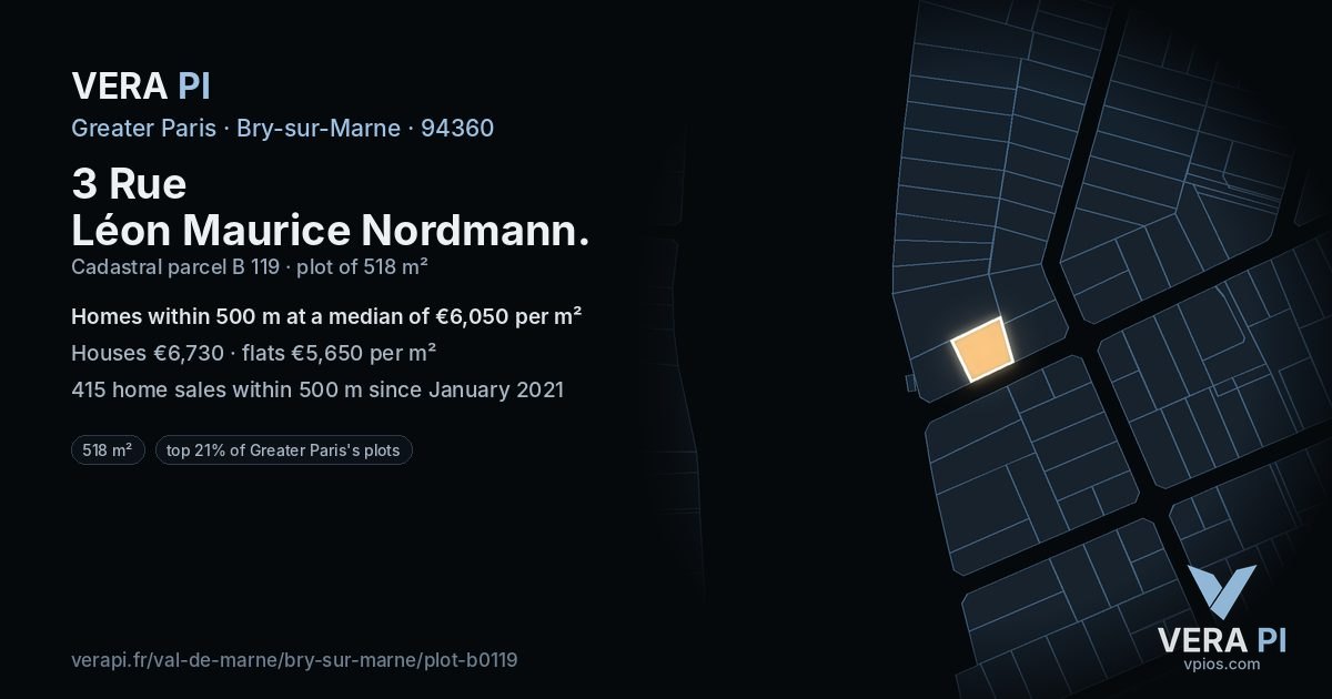3 Rue Léon Maurice Nordmann, Bry-sur-Marne at night – the plot lit, the parcels around coloured by the prices near them