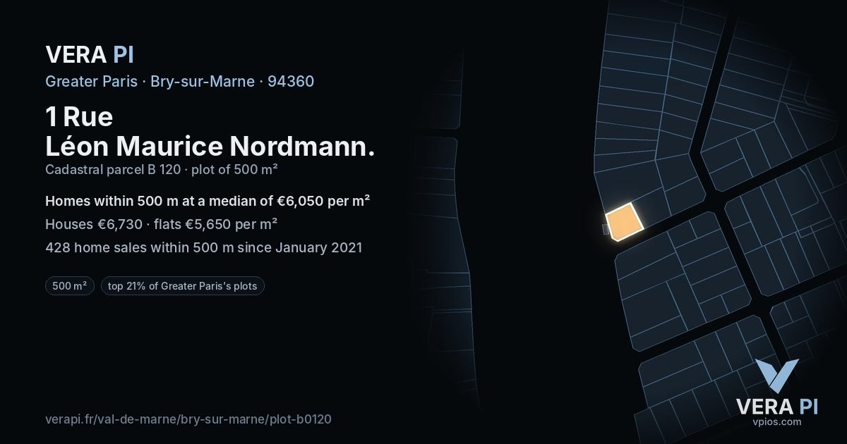 1 Rue Léon Maurice Nordmann, Bry-sur-Marne at night – the plot lit, the parcels around coloured by the prices near them