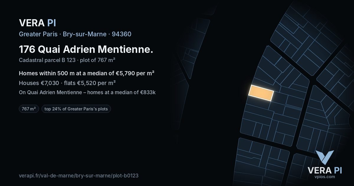 176 Quai Adrien Mentienne, Bry-sur-Marne at night – the plot lit, the parcels around coloured by the prices near them