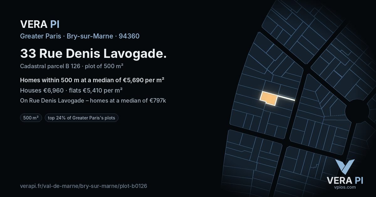 33 Rue Denis Lavogade, Bry-sur-Marne at night – the plot lit, the parcels around coloured by the prices near them