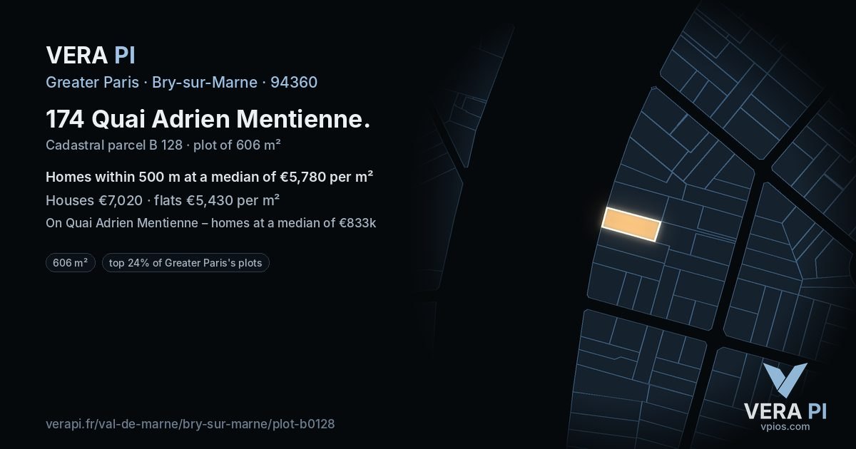 174 Quai Adrien Mentienne, Bry-sur-Marne at night – the plot lit, the parcels around coloured by the prices near them