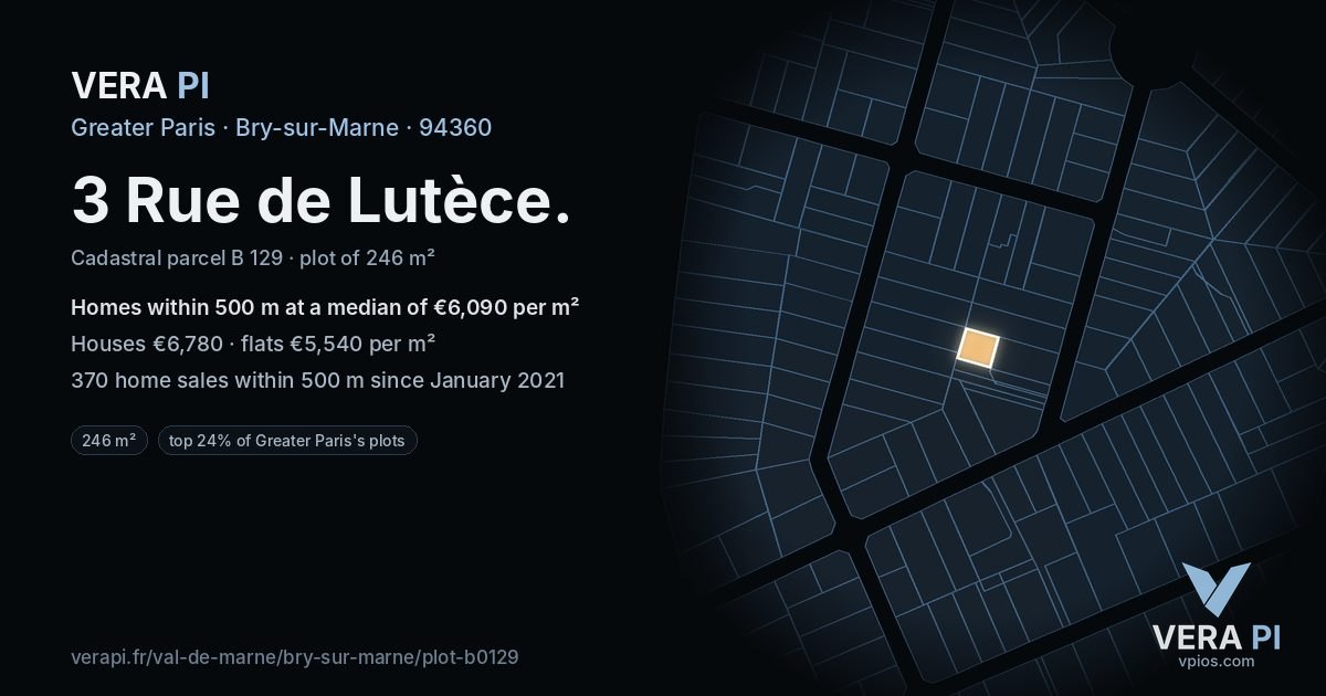 3 Rue de Lutèce, Bry-sur-Marne at night – the plot lit, the parcels around coloured by the prices near them