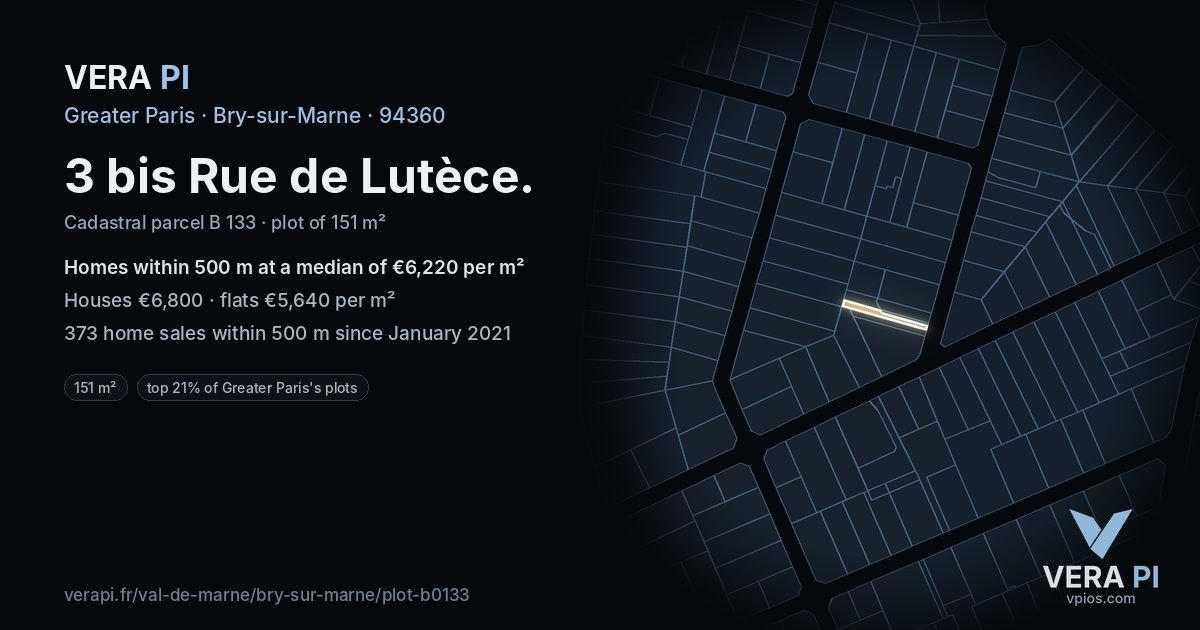 3 bis Rue de Lutèce, Bry-sur-Marne at night – the plot lit, the parcels around coloured by the prices near them