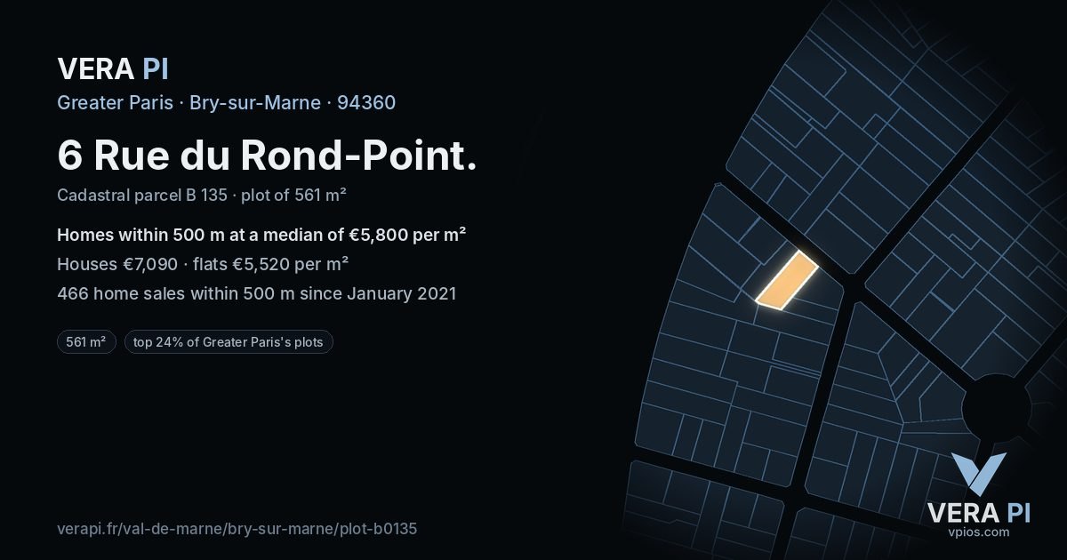 6 Rue du Rond-Point, Bry-sur-Marne at night – the plot lit, the parcels around coloured by the prices near them