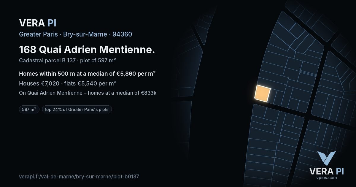 168 Quai Adrien Mentienne, Bry-sur-Marne at night – the plot lit, the parcels around coloured by the prices near them
