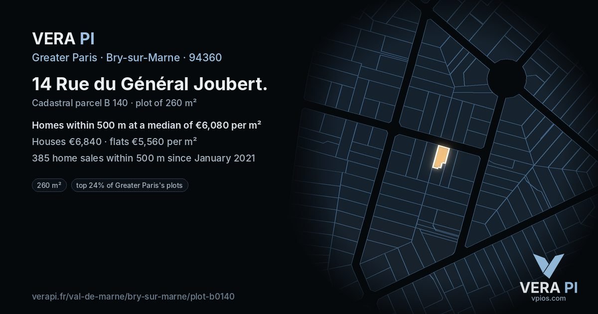 14 Rue du Général Joubert, Bry-sur-Marne at night – the plot lit, the parcels around coloured by the prices near them