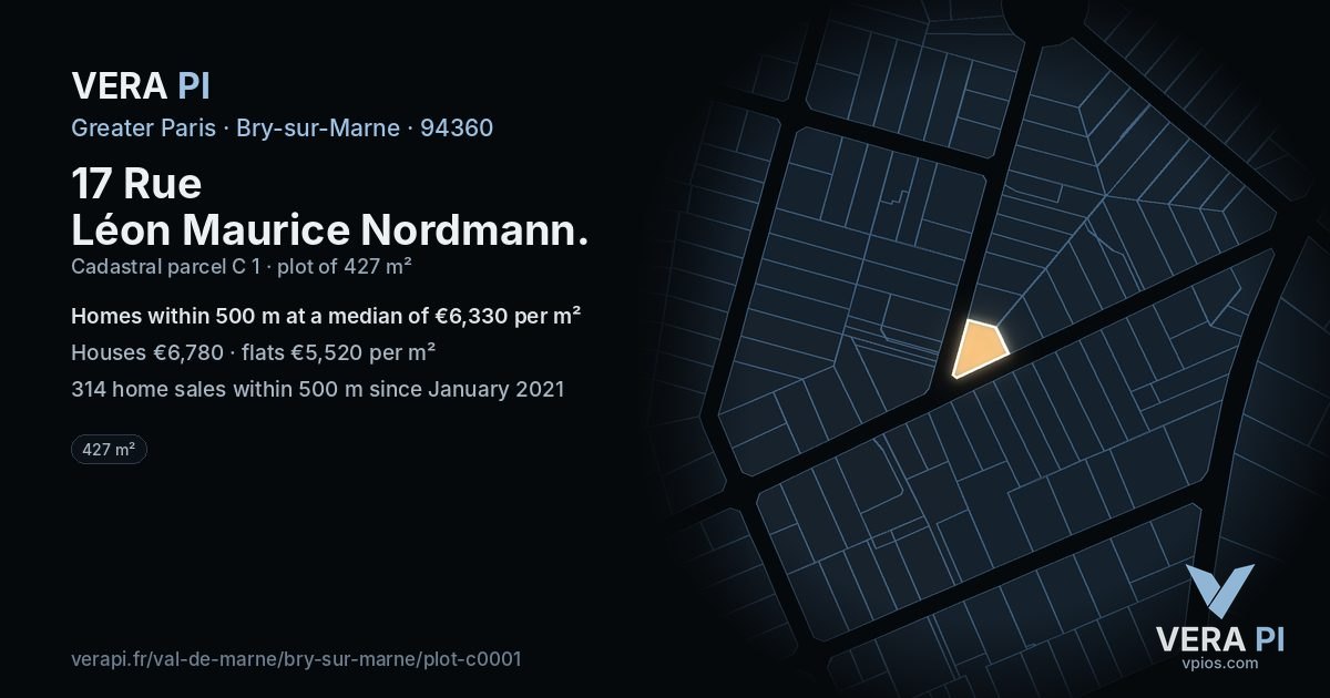 17 Rue Léon Maurice Nordmann, Bry-sur-Marne at night – the plot lit, the parcels around coloured by the prices near them