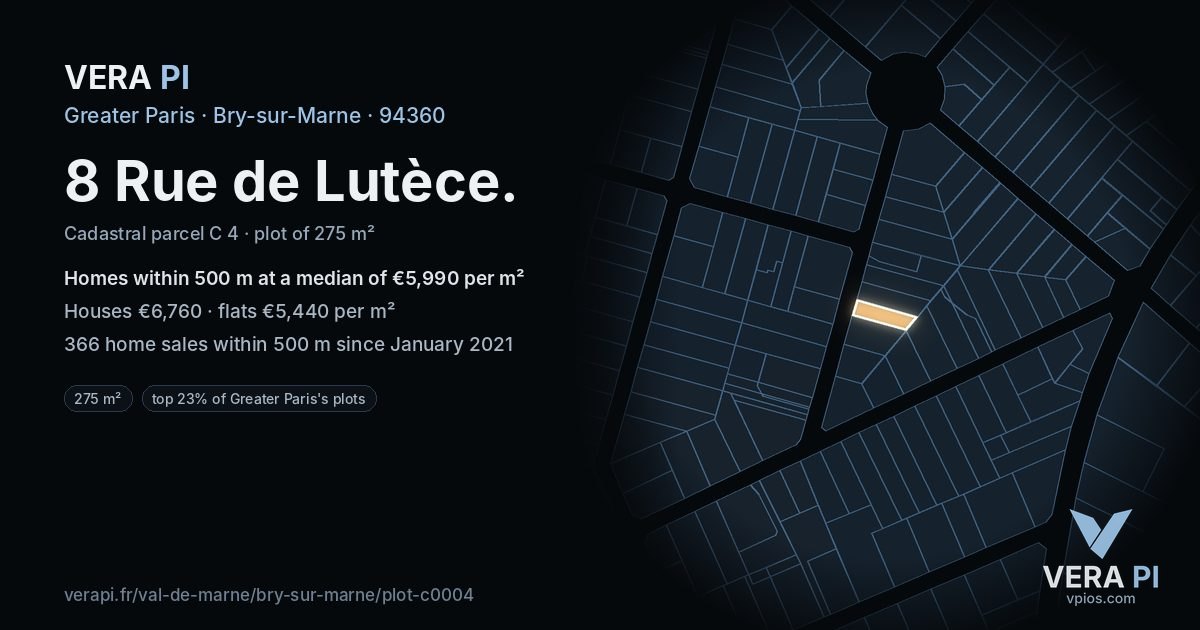 8 Rue de Lutèce, Bry-sur-Marne at night – the plot lit, the parcels around coloured by the prices near them