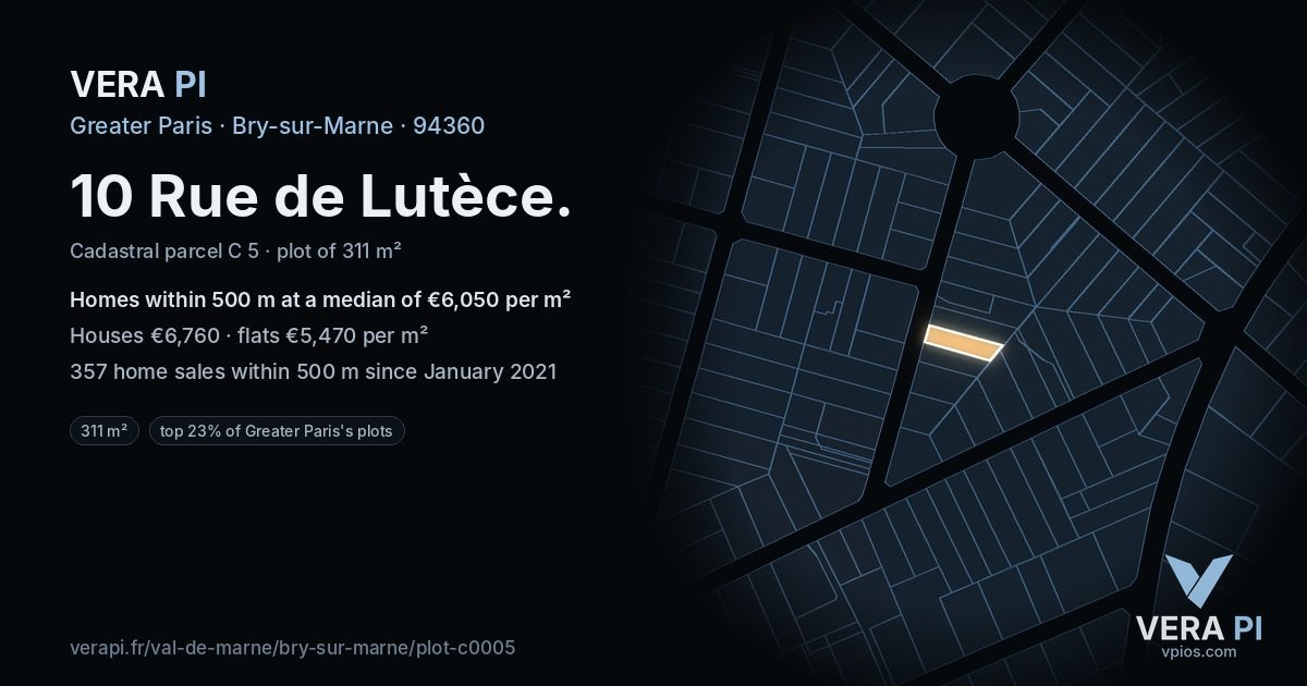 10 Rue de Lutèce, Bry-sur-Marne at night – the plot lit, the parcels around coloured by the prices near them