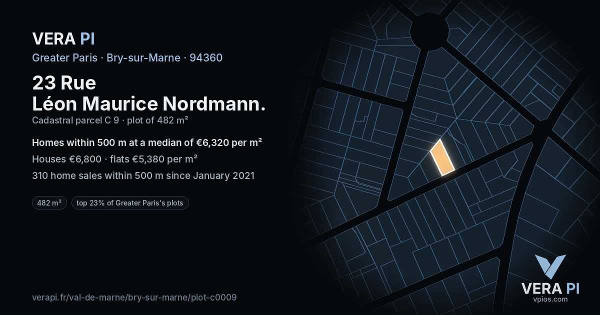 23 Rue Léon Maurice Nordmann, Bry-sur-Marne at night – the plot lit, the parcels around coloured by the prices near them