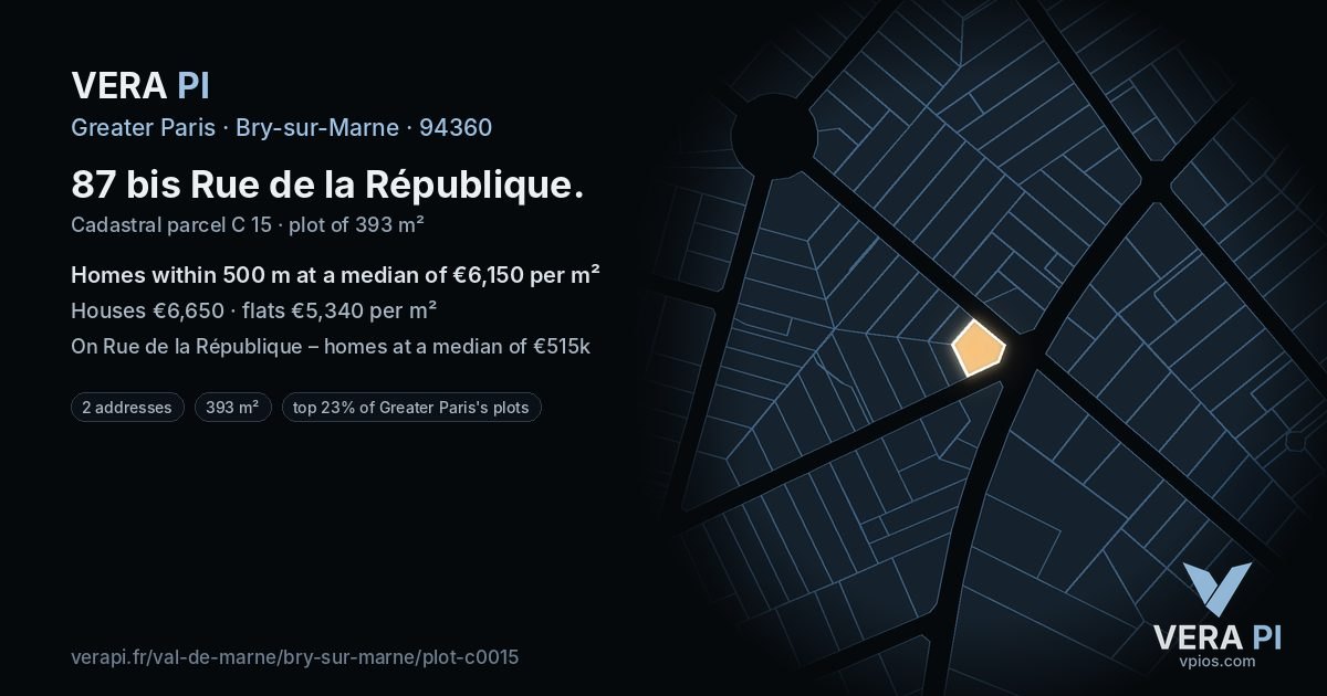 87 bis Rue de la République, Bry-sur-Marne at night – the plot lit, the parcels around coloured by the prices near them