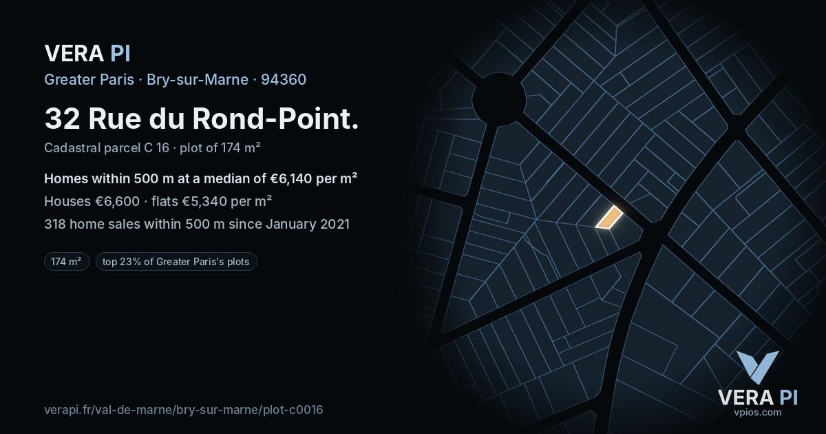 32 Rue du Rond-Point, Bry-sur-Marne at night – the plot lit, the parcels around coloured by the prices near them