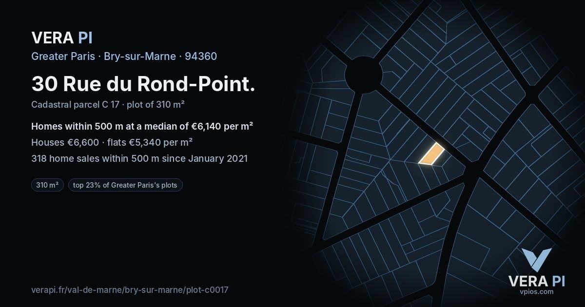 30 Rue du Rond-Point, Bry-sur-Marne at night – the plot lit, the parcels around coloured by the prices near them