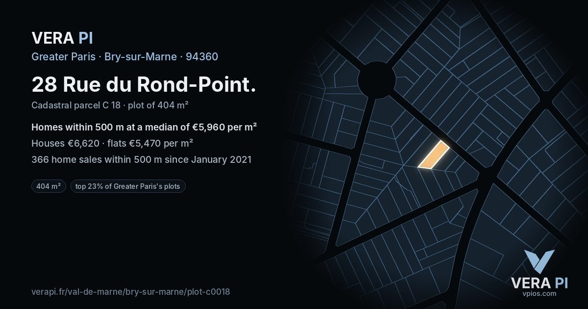 28 Rue du Rond-Point, Bry-sur-Marne at night – the plot lit, the parcels around coloured by the prices near them