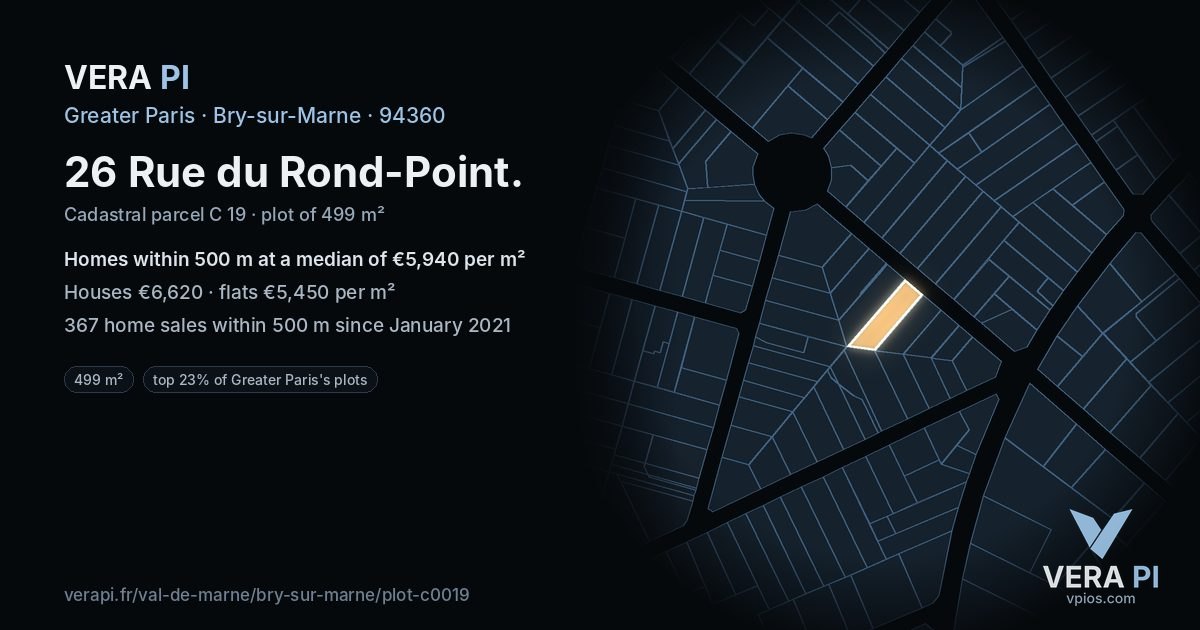 26 Rue du Rond-Point, Bry-sur-Marne at night – the plot lit, the parcels around coloured by the prices near them