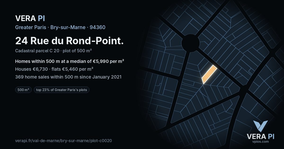 24 Rue du Rond-Point, Bry-sur-Marne at night – the plot lit, the parcels around coloured by the prices near them