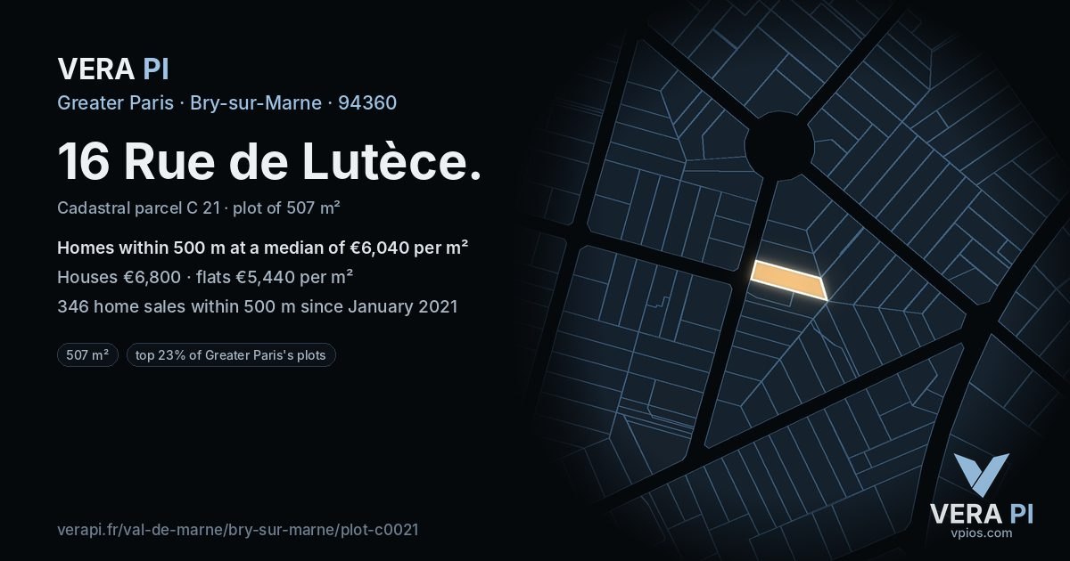 16 Rue de Lutèce, Bry-sur-Marne at night – the plot lit, the parcels around coloured by the prices near them