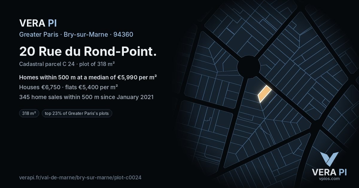 20 Rue du Rond-Point, Bry-sur-Marne at night – the plot lit, the parcels around coloured by the prices near them