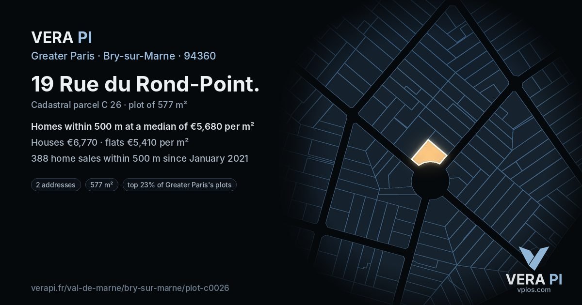 19 Rue du Rond-Point, Bry-sur-Marne at night – the plot lit, the parcels around coloured by the prices near them