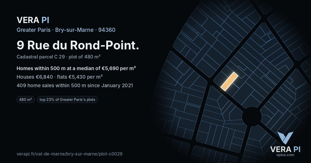 9 Rue du Rond-Point, Bry-sur-Marne at night – the plot lit, the parcels around coloured by the prices near them