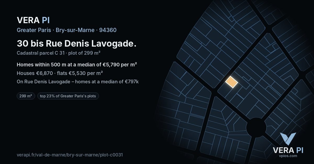 30 bis Rue Denis Lavogade, Bry-sur-Marne at night – the plot lit, the parcels around coloured by the prices near them