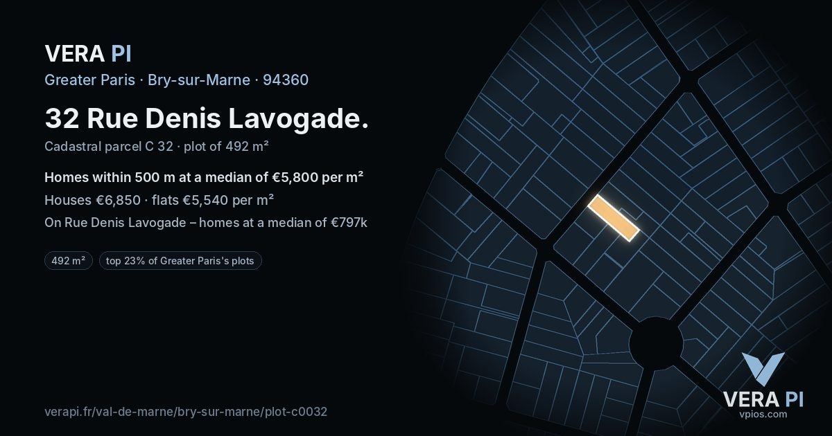 32 Rue Denis Lavogade, Bry-sur-Marne at night – the plot lit, the parcels around coloured by the prices near them