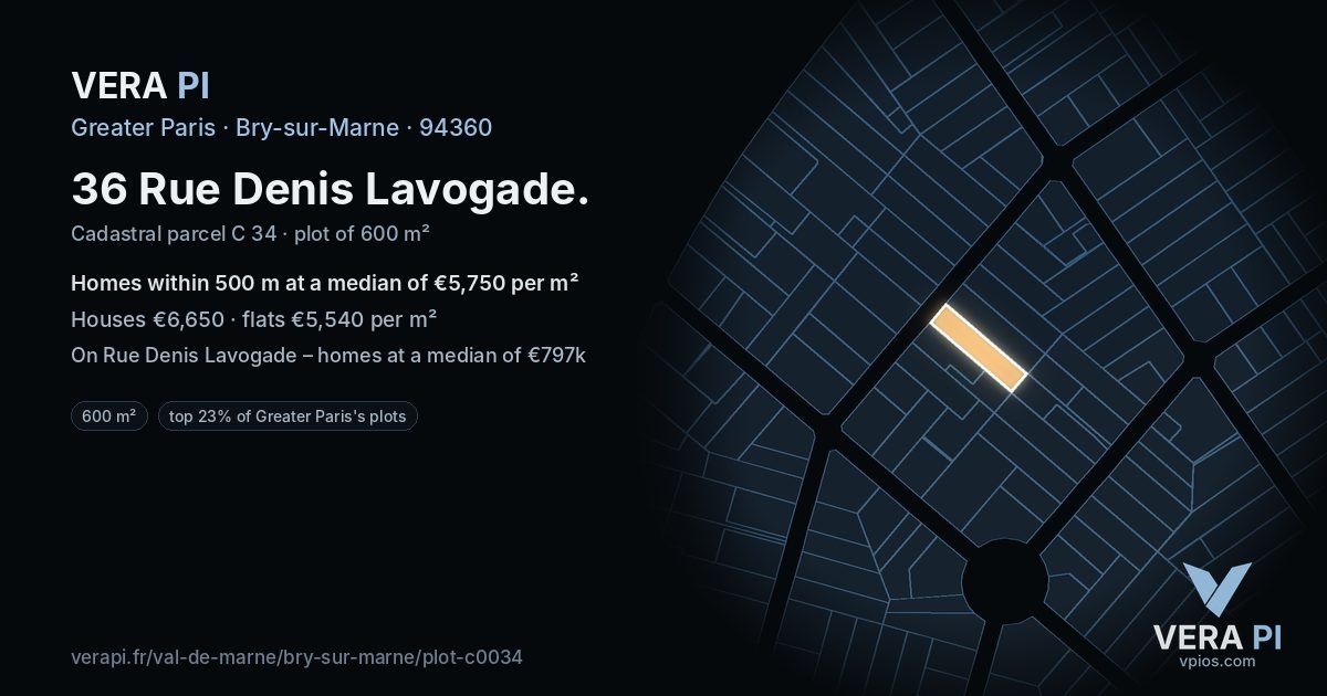 36 Rue Denis Lavogade, Bry-sur-Marne at night – the plot lit, the parcels around coloured by the prices near them